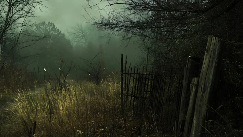 Fog-drenched forest gateway where rust and thistles whisper.