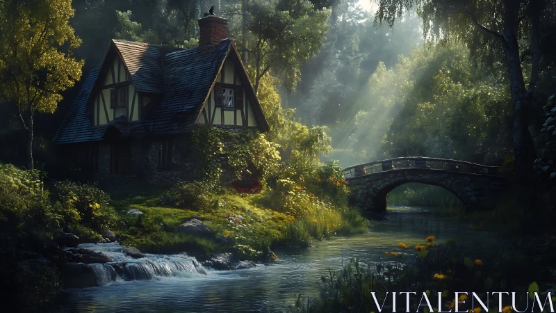 Radiant forest stream with storybook cottage and stone bridge.