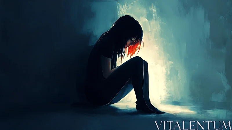 Solitary ember girl curled in a tunnel of quiet blue light.