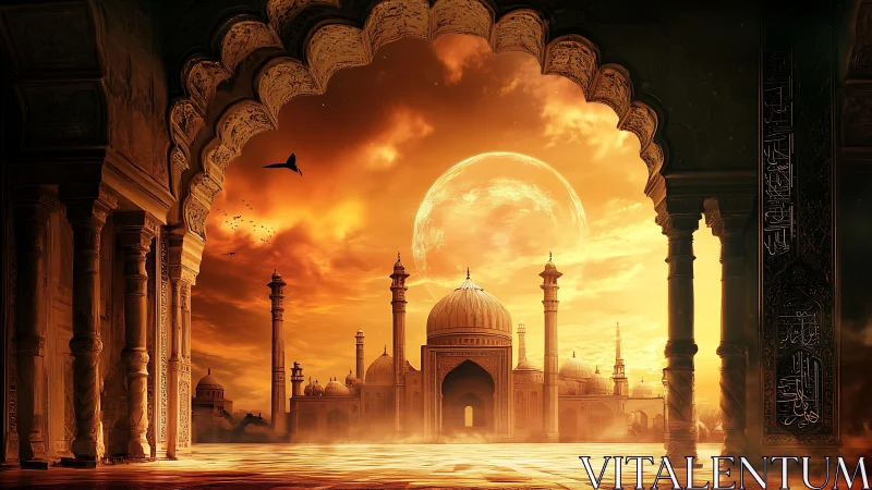 Moon-soaked desert citadel beneath an ember-sky portal.