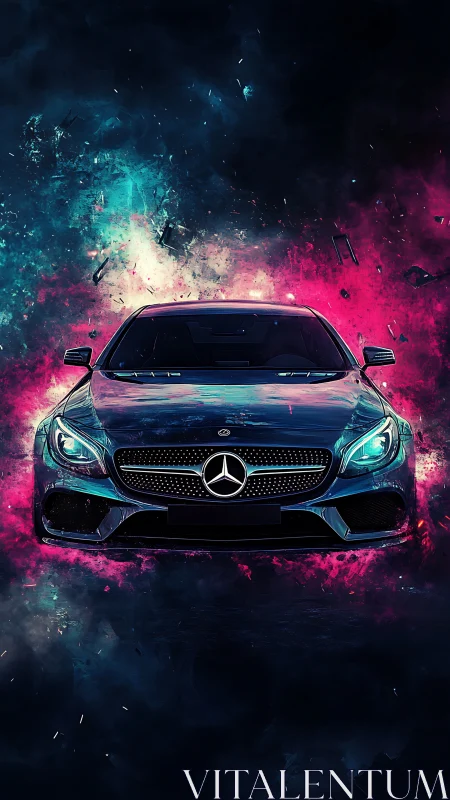 Sleek Mercedes coupe bursting through neon cosmic color.