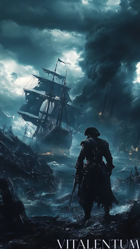 Storm-lit pirate on a wild midnight wreck-strewn shore.