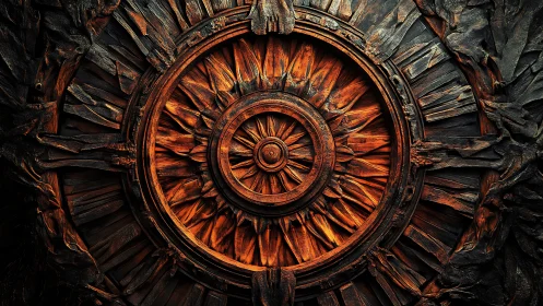Weathered wooden sunwheel glowing with rustic warmth.