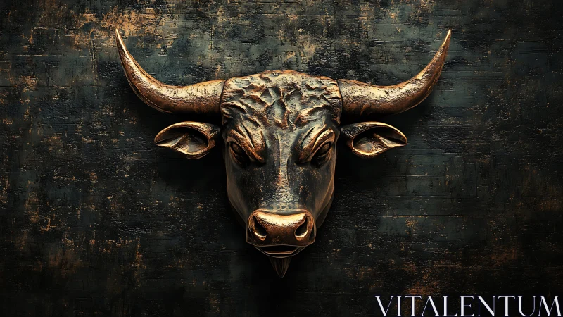 Bronze bull head sculpture on dark textured wall.