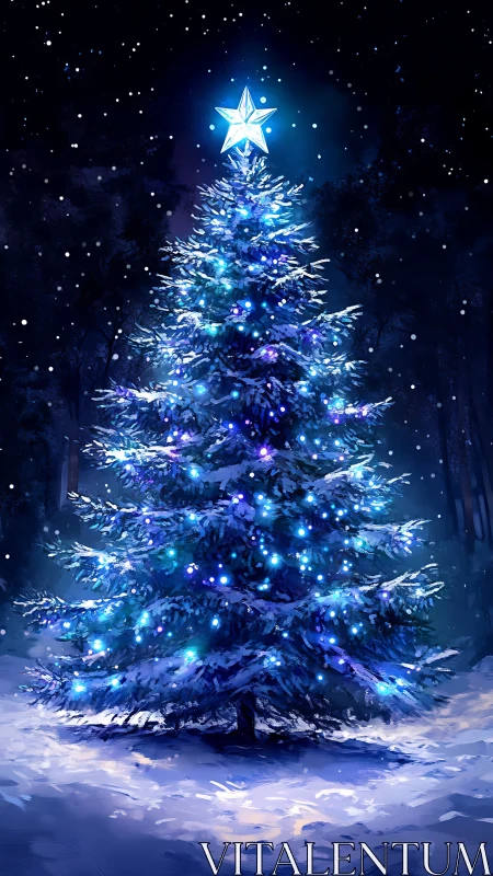 Luminous snow-covered fir tree with blue LED lights at night