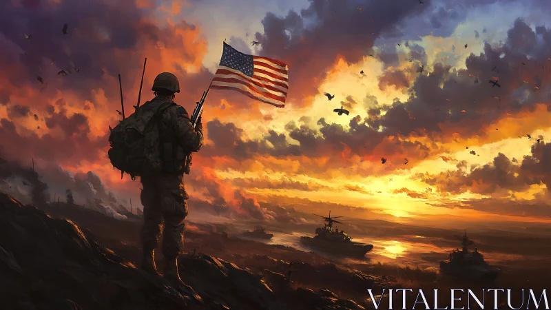 Sunset storms of war pause beneath a lone lifted flag