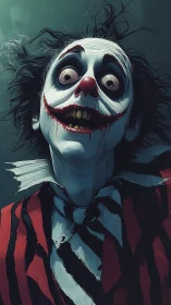 Eccentric clown leans close with wild hair and intense smile