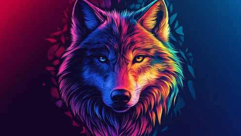 Neon gradient wolf portrait in symmetric digital vector style.