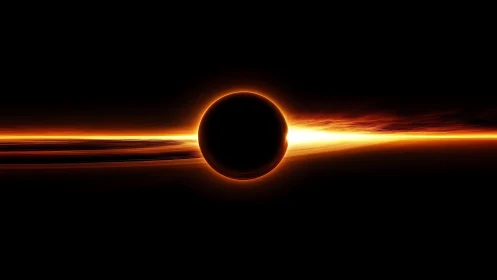 Black hole silhouette cuts through blazing plasma ring.