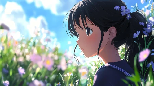 Side-lit anime schoolgirl in wildflower field under vivid sky