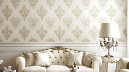 Classic cream living room showcases ornate damask wallpaper design