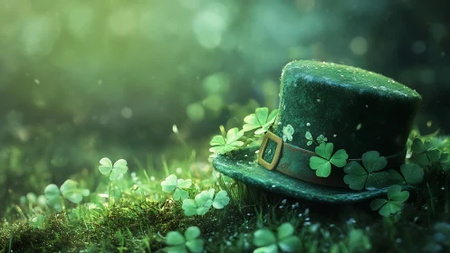 Digital painting of mossy leprechaun hat in clover glade.