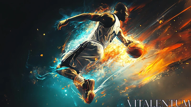 Dynamic basketball dunk explodes through vivid energy trails