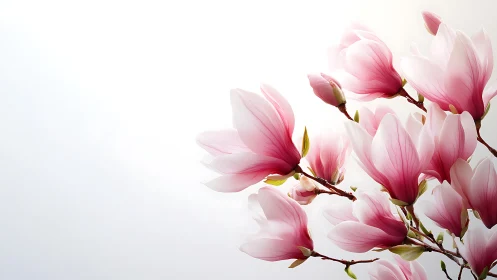 Pink Magnolia Flowers in Bloom Against White Background.