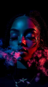 Neon-lit portrait amid magenta vapors and bold face art.