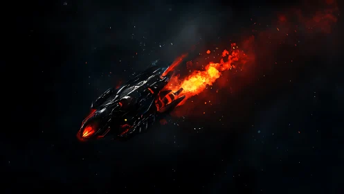 Fiery Spaceship Engine Thrust Against Darkness.