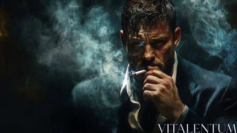 Brooding man in smoky darkness holds a lit cigarette thoughtfully