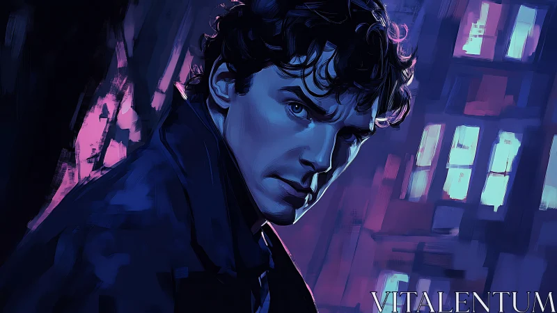 Moody blue portrait studies a neon city at midnight