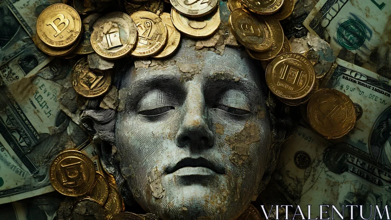 Classical marble face submerged in decayed fiat cash and coins