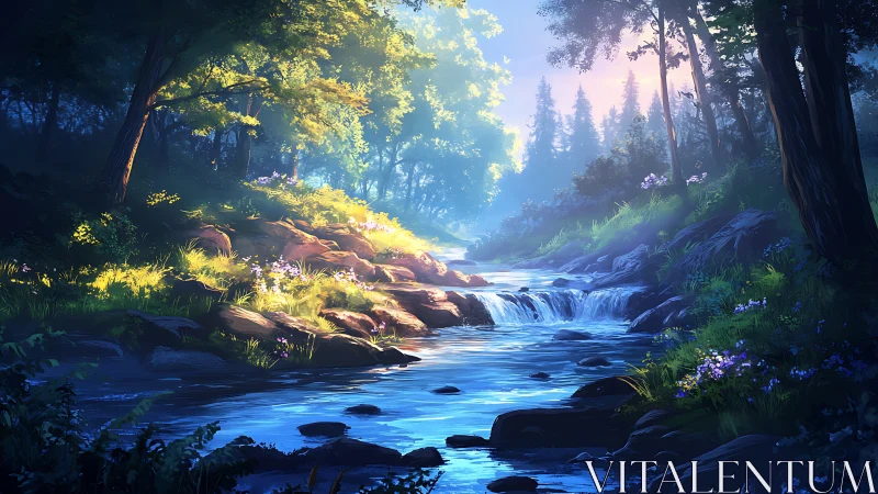 Forest Stream with Sunlit Canopy and Cascading Water