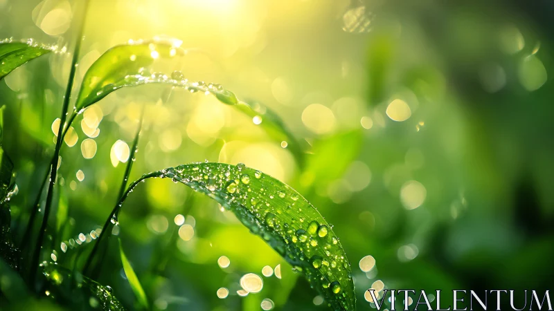 Dew covered green leaves in bright morning sunlight.
