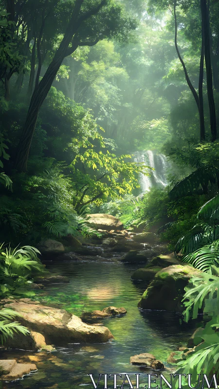 Luminous Rainforest Stream: Atmospheric Digital Landscape.