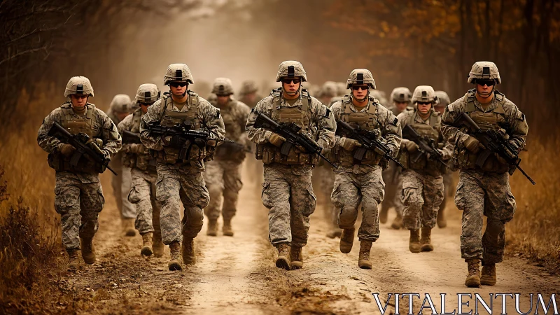 Modern infantry unit advancing along dusty forest trail.