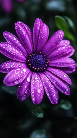 Purple daisy with water droplets on petals against dark background