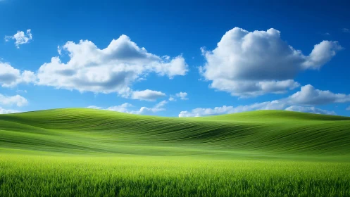 Rolling green hills under blue sky with white clouds.