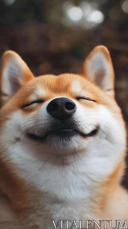 Content Shiba inu smiles softly in a warm, dreamy close up