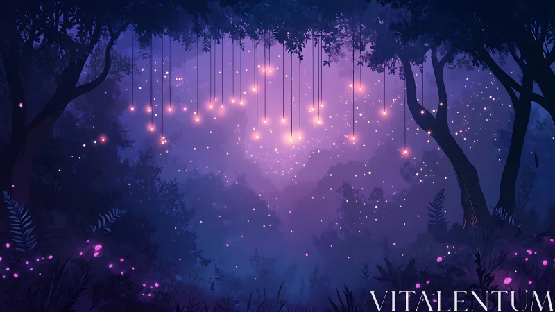 Enchanted Forest Luminescence with Suspended Lights.