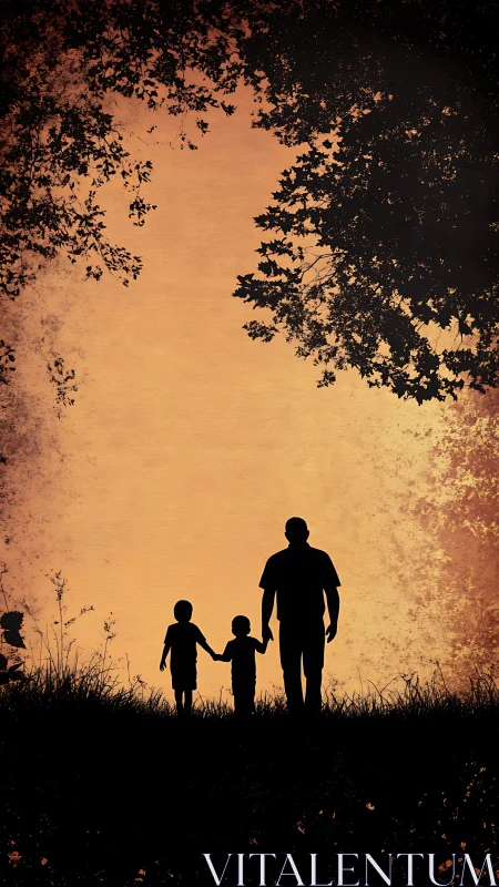 Father and Two Children Silhouette Sunset Nature