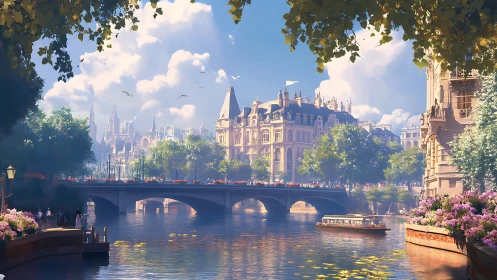 Sunlit canal bridge in romantic European riverside cityscape.