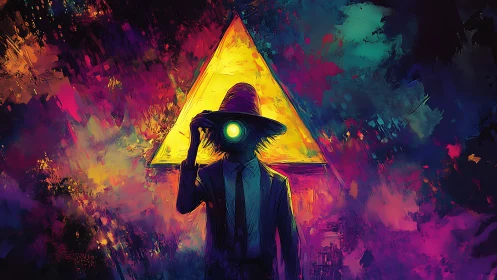 Mysterious neon wanderer before a glowing cosmic triangle.