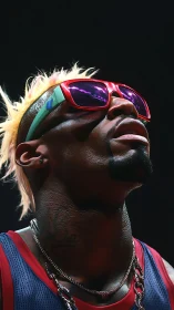 Electric courtside confidence in neon sunglasses and chains.