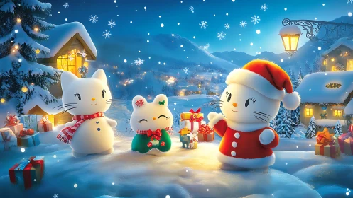 Snowy village night with stylized cats in festive attire