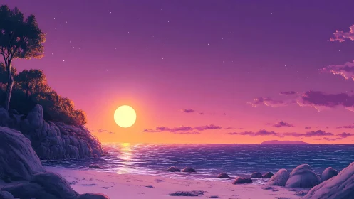 Vibrant digital seascape with sunset over rocky beach.