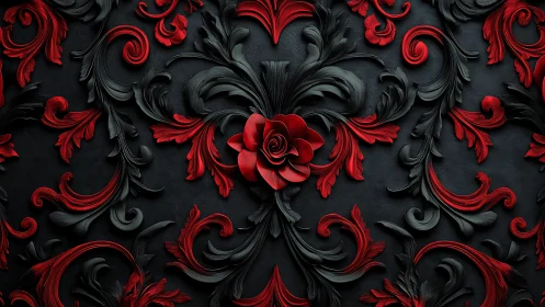 Red and black baroque floral relief with central rose motif.