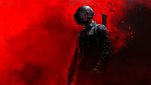 Armored shooter figure in red digital combat backdrop.