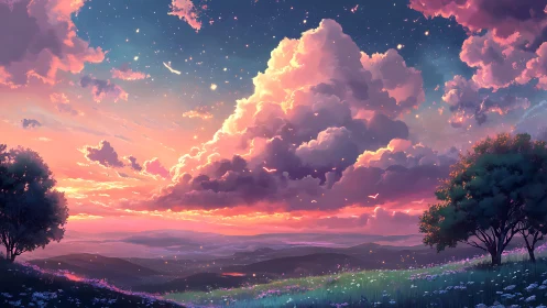 Luminous stratocumulus sunset over stylized alpine meadowscape.