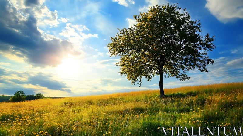 Solitary tree on golden meadow under expansive sunlit sky.