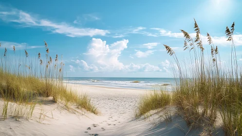 Sunlit coastal sand dunes frame tranquil turquoise shoreline.