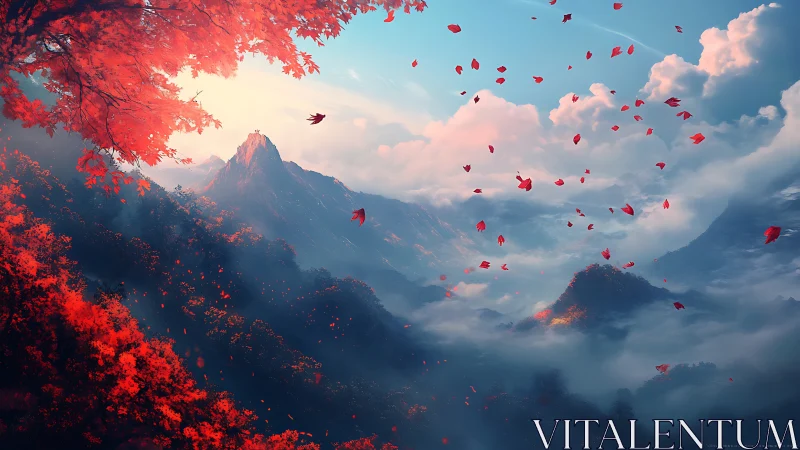 Crimson leaves swirl above misty mountains at sunrise.