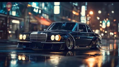 Cyberpunk lowrider sedan on neon-soaked nocturnal boulevard.