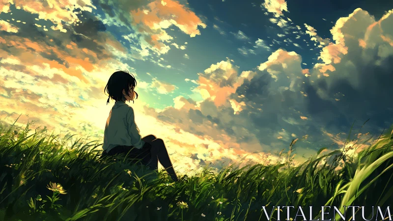 Daydreamer in wind-tossed meadow beneath blazing clouds.