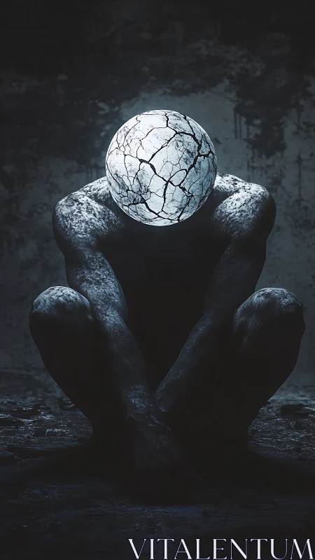 Seated humanoid figure with cracked spherical head in shadow.