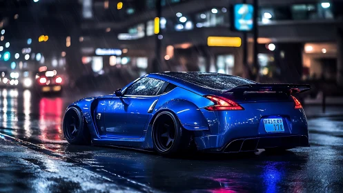 Modified blue sports coupe is parked on wet city street at night