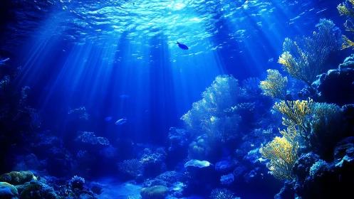 Sunlit coral garden glows beneath calm, shimmering waves