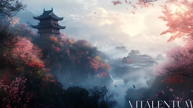 Mist-layered mountain pagodas in atmospheric depth rendering.