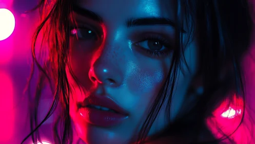 Neon-bathed cybernetic portrait under high chroma bicolor lighting.